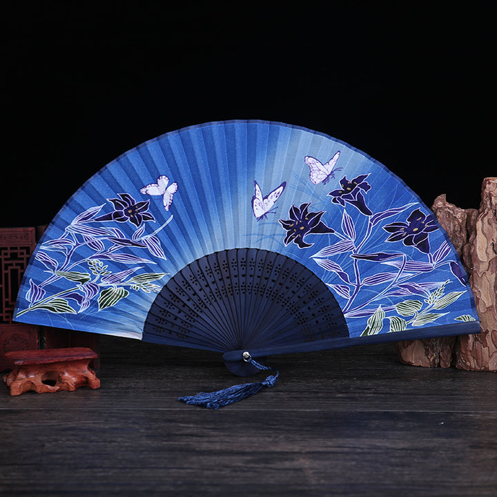 Abanico plegable de bambú con Buddha Stones, flor de cerezo, lirio, mariposa, bambú, 21cm - Lirio mariposa azul oscuro de 21 cm - image 8