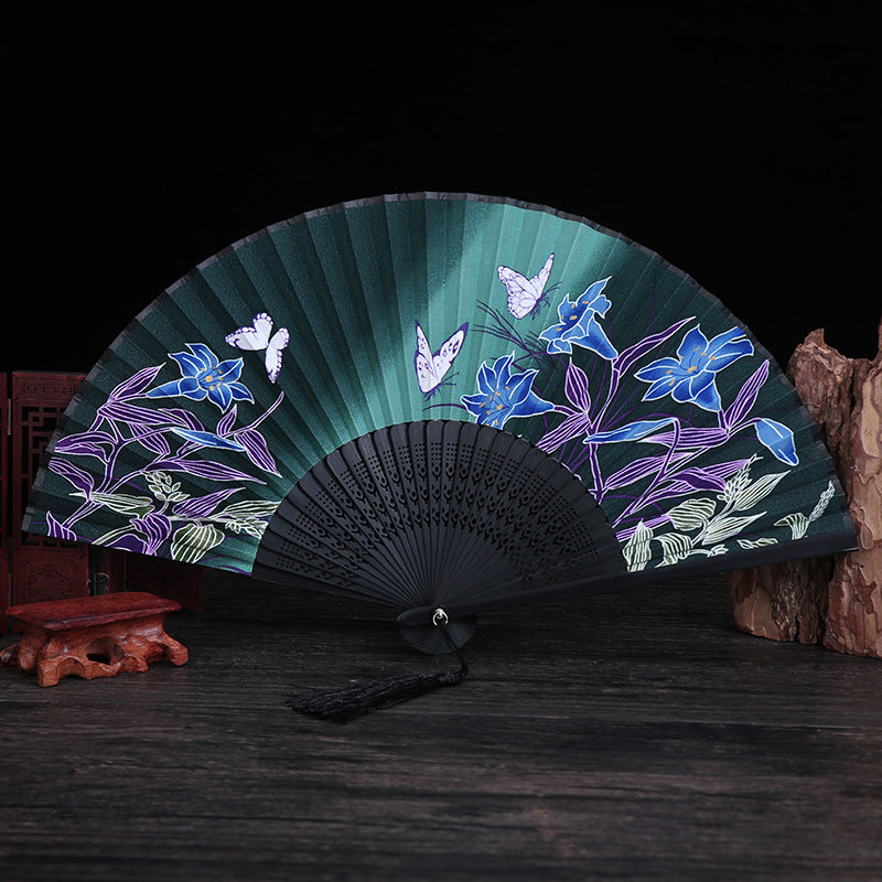 Abanico plegable de bambú con Buddha Stones, flor de cerezo, lirio, mariposa, bambú, 21cm - Lirio mariposa verde y negro de 21 cm - image 9