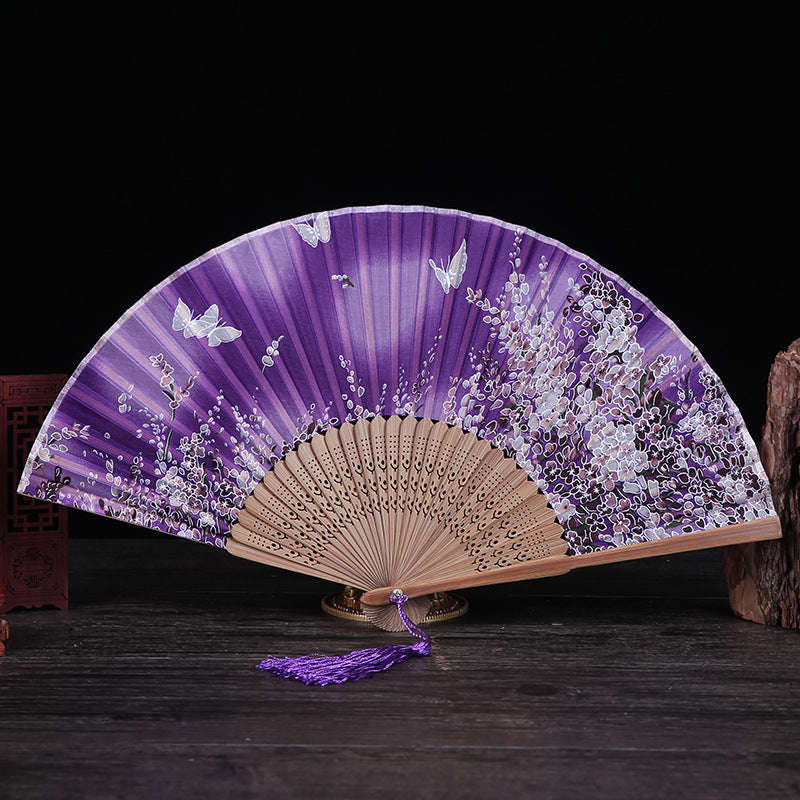 Abanico plegable de bambú con Buddha Stones, flor de cerezo, lirio, mariposa, bambú, 21cm - Mariposa morada Flor de cerezo 21 cm - image 11