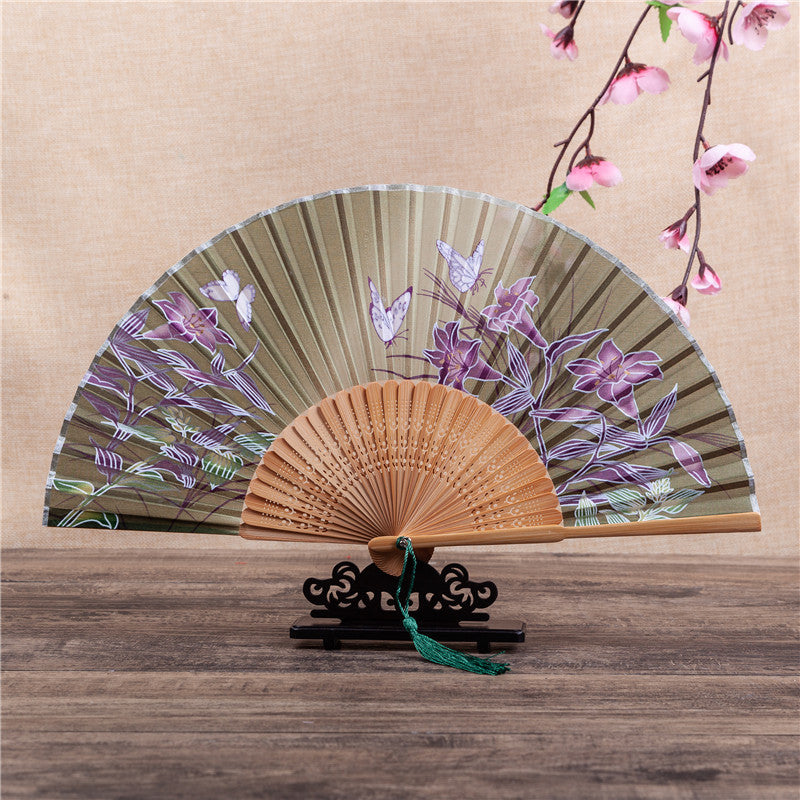 Abanico plegable de bambú con Buddha Stones, flor de cerezo, lirio, mariposa, bambú, 21cm - Lirio mariposa marrón y verde de 21 cm - image 12