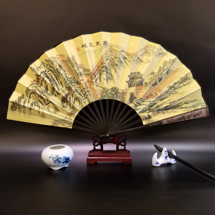 Abanico plegable de bambú de mano con diseño de Buddha Stones, gran muralla, montañas, árboles y grúa, 33,5 cm