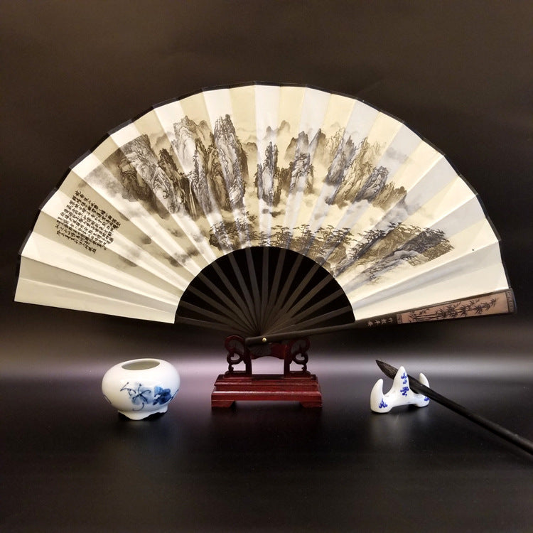 Abanico plegable de bambú de mano con diseño de Buddha Stones, gran muralla, montañas, árboles y grúa, 33,5 cm