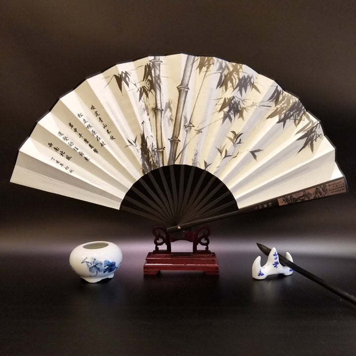 Abanico plegable de bambú de mano con diseño de Buddha Stones, gran muralla, montañas, árboles y grúa, 33,5 cm