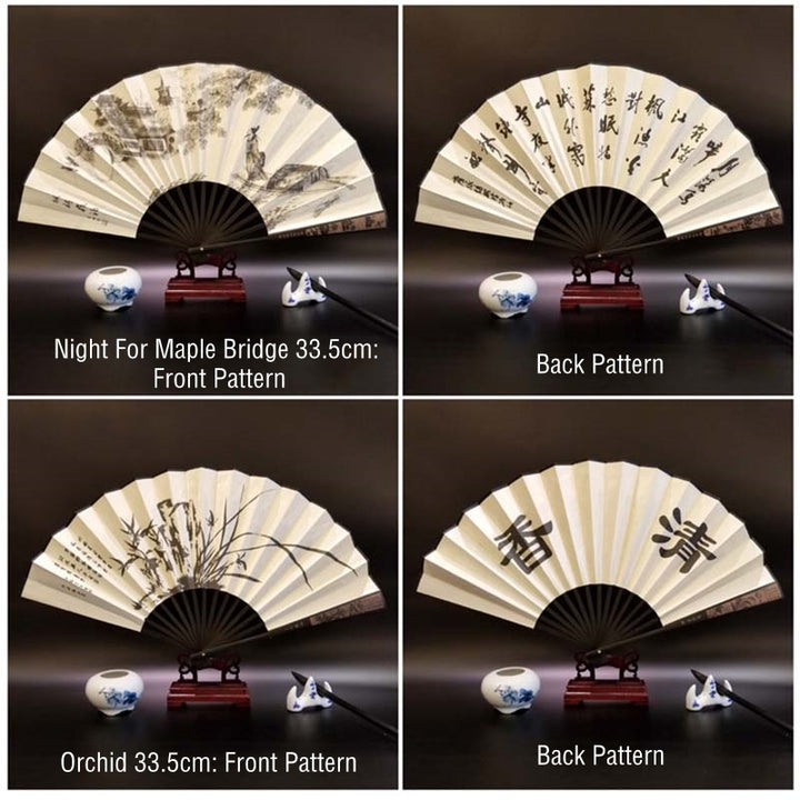 Abanico plegable de bambú de mano con diseño de Buddha Stones, gran muralla, montañas, árboles y grúa, 33,5 cm