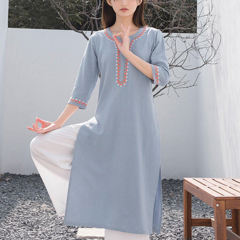 Conjunto de 2 piezas de ropa de Yoga bordada con cuello en V y piedras de Buddha Stones, pantalones superiores de lino y algodón para meditación Zen para mujer - Top azul y pantalones blancos - US8-10，UK/AU12-14，EU40-42 (2XL) - image 5