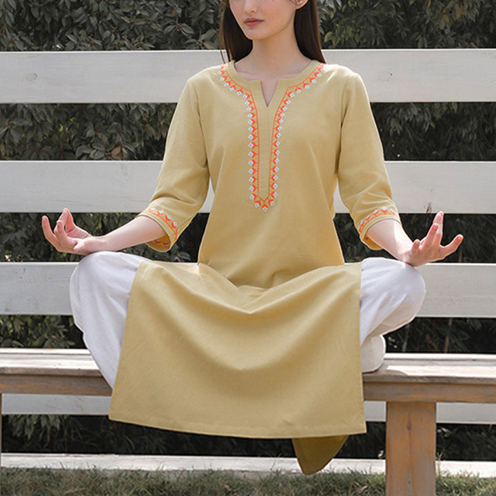 Conjunto de 2 piezas de ropa de Yoga bordada con cuello en V y piedras de Buddha Stones, pantalones superiores de lino y algodón para meditación Zen para mujer - Top amarillo y pantalones blancos - US12, UK/AU16, EU44 (2XL)  - image 13