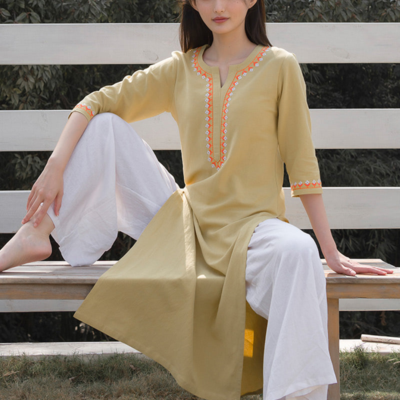 Conjunto de 2 piezas de ropa de Yoga bordada con cuello en V y piedras de Buddha Stones, pantalones superiores de lino y algodón para meditación Zen para mujer - image 14