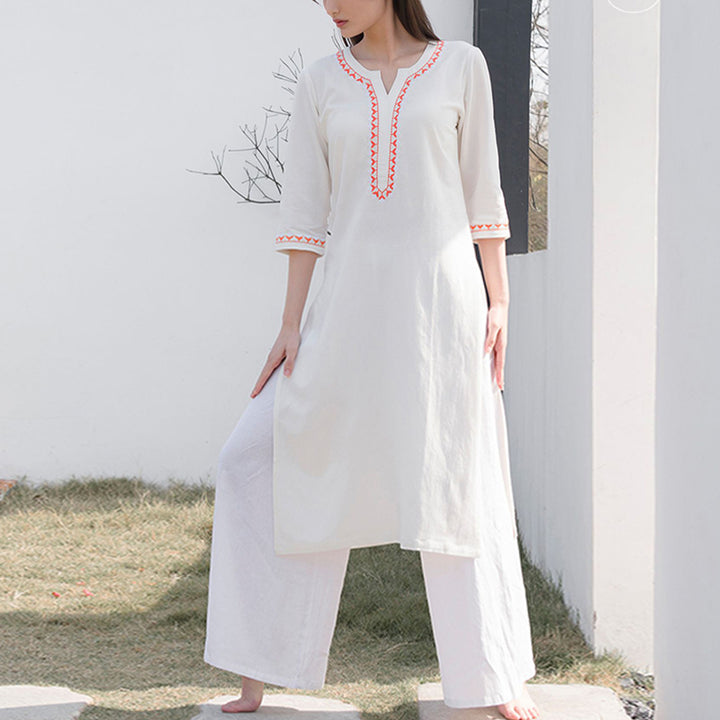 Conjunto de 2 piezas de ropa de Yoga bordada con cuello en V y piedras de Buddha Stones, pantalones superiores de lino y algodón para meditación Zen para mujer - image 2