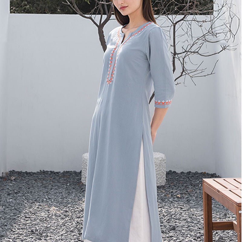 Conjunto de 2 piezas de ropa de Yoga bordada con cuello en V y piedras de Buddha Stones, pantalones superiores de lino y algodón para meditación Zen para mujer - image 6