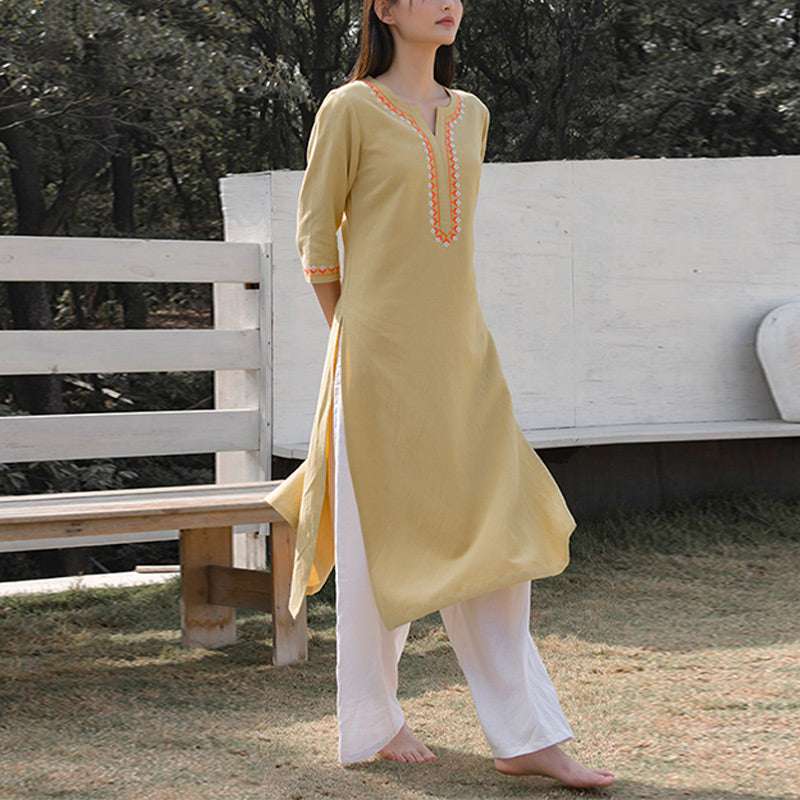 Conjunto de 2 piezas de ropa de Yoga bordada con cuello en V y piedras de Buddha Stones, pantalones superiores de lino y algodón para meditación Zen para mujer - image 15