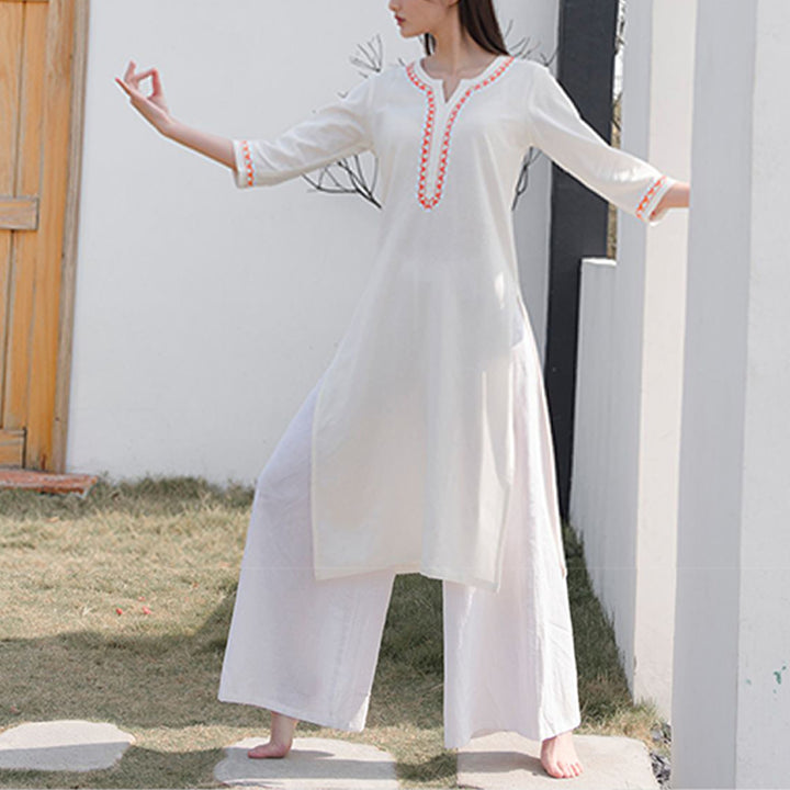 Conjunto de 2 piezas de ropa de Yoga bordada con cuello en V y piedras de Buddha Stones, pantalones superiores de lino y algodón para meditación Zen para mujer - image 4