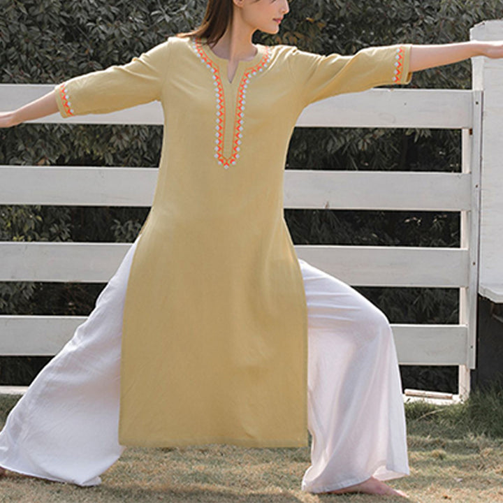 Conjunto de 2 piezas de ropa de Yoga bordada con cuello en V y piedras de Buddha Stones, pantalones superiores de lino y algodón para meditación Zen para mujer - image 16