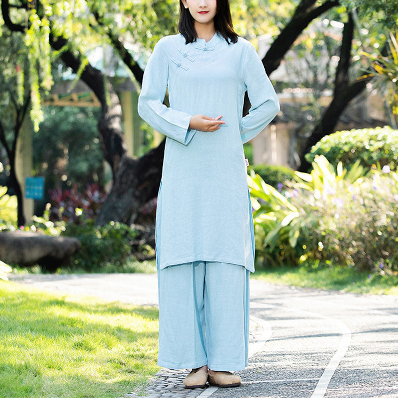 Buddha Stones - Conjunto de 2 piezas de ropa de yoga Zen de manga larga lisa, ropa de meditación y pantalones superiores