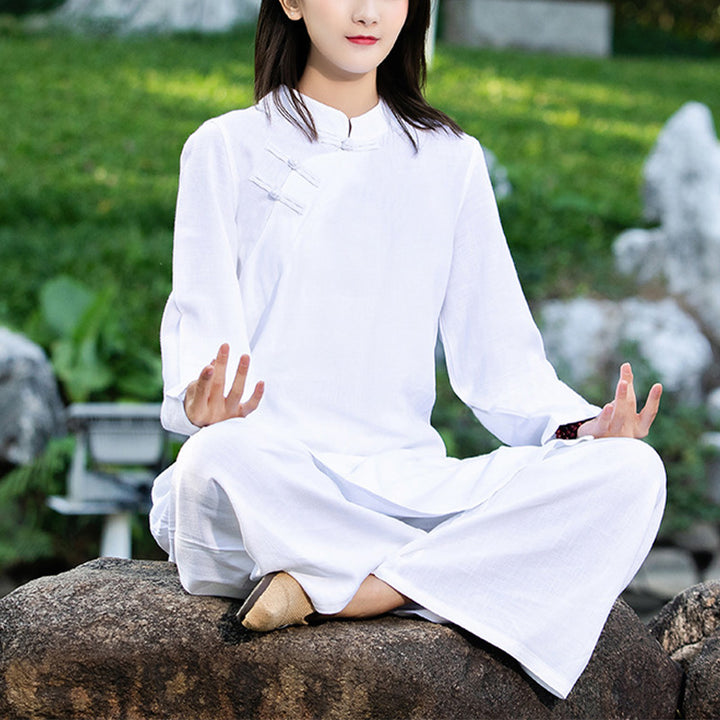 Buddha Stones - Conjunto de 2 piezas de ropa de yoga Zen de manga larga lisa, ropa de meditación y pantalones superiores