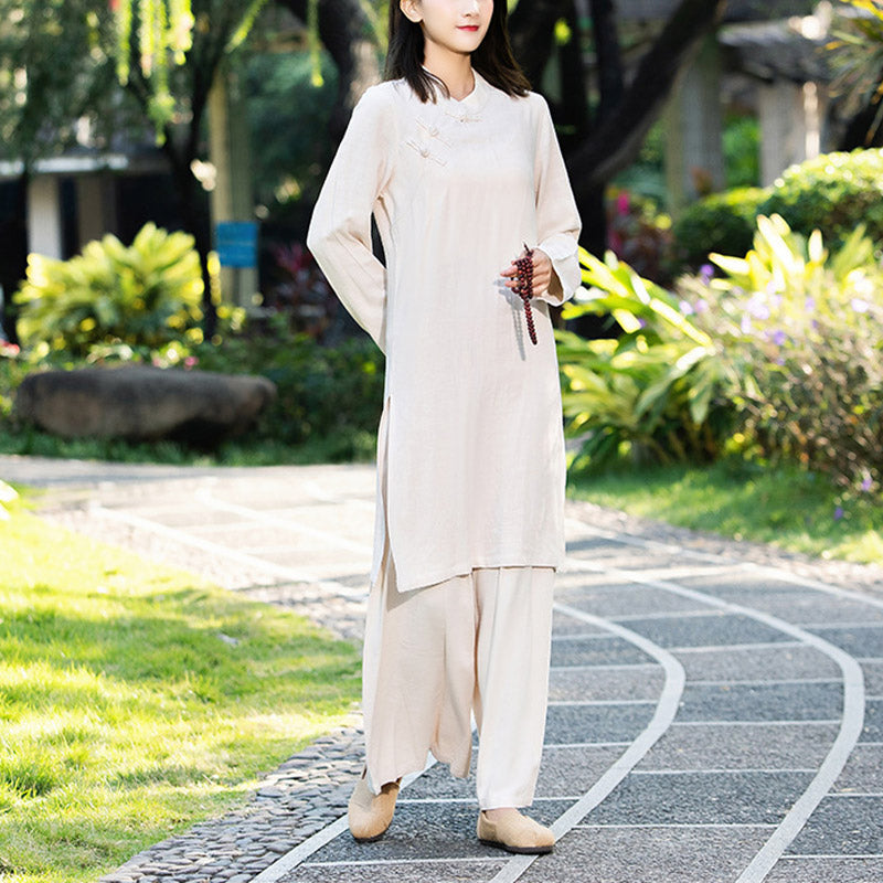 Buddha Stones - Conjunto de 2 piezas de ropa de yoga Zen de manga larga lisa, ropa de meditación y pantalones superiores