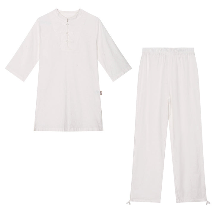 Buddha Stones - Conjunto de 2 piezas de ropa de yoga Zen de manga larga lisa, ropa de meditación y pantalones superiores