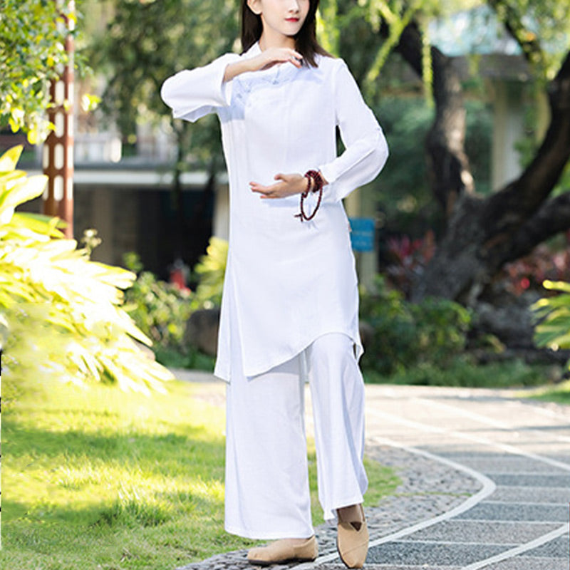 Buddha Stones - Conjunto de 2 piezas de ropa de yoga Zen de manga larga lisa, ropa de meditación y pantalones superiores