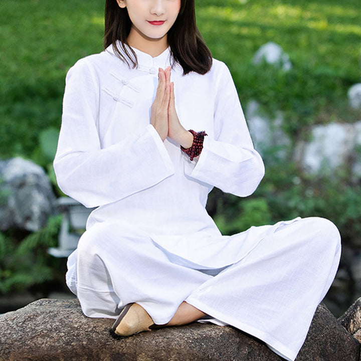 Buddha Stones - Conjunto de 2 piezas de ropa de yoga Zen de manga larga lisa, ropa de meditación y pantalones superiores