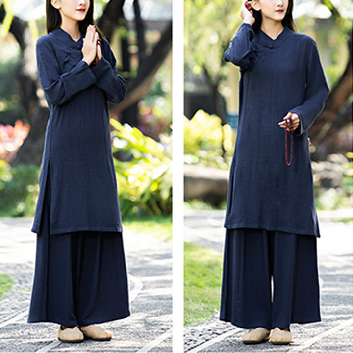 Buddha Stones - Conjunto de 2 piezas de ropa de yoga Zen de manga larga lisa, ropa de meditación y pantalones superiores