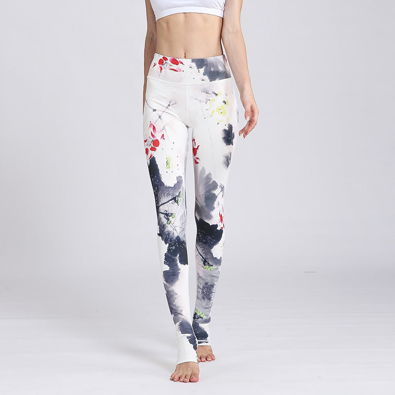 Pantalones de diseño con estampado de flores de loto y Buddha Stones, mallas deportivas para Yoga y Fitness, pantalones de Yoga para mujer - Tinta blanca Loto - US8-10, UK/AU12-14, EU40-42 (XL) - image 27