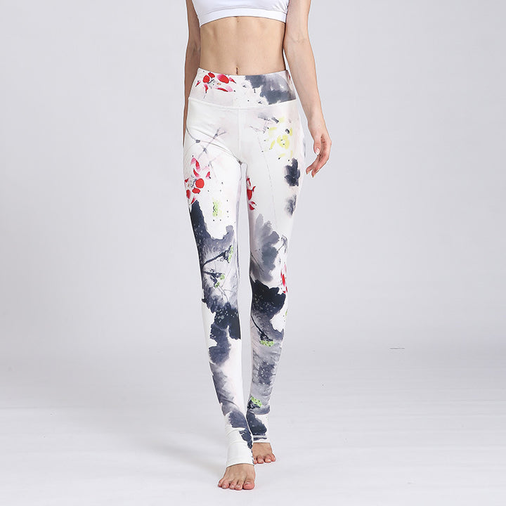 Pantalones de diseño con estampado de flores de loto y Buddha Stones, mallas deportivas para Yoga y Fitness, pantalones de Yoga para mujer - Tinta blanca Loto - US8-10, UK/AU12-14, EU40-42 (XL) - image 27