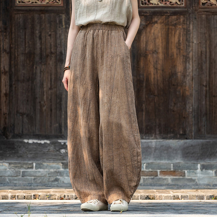 Pantalones de lino de algodón con Buddha Stones , pantalones de diseño teñido anudado, pantalones sueltos de Yoga Zen para mujer con bolsillos - Marrón (forrado con vellón) - US8-10，UK/AU12-14，EU40-42 (L)  - image 0