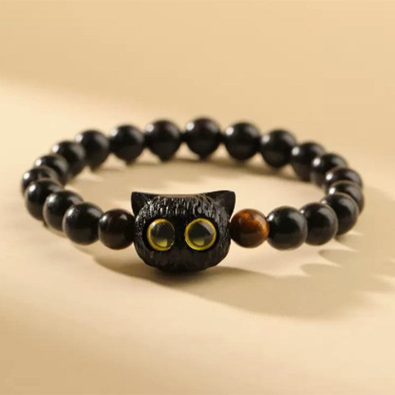 Pulsera de la paz con patrón de cabeza de gato de madera de ébano con Buddha Stones - image 2