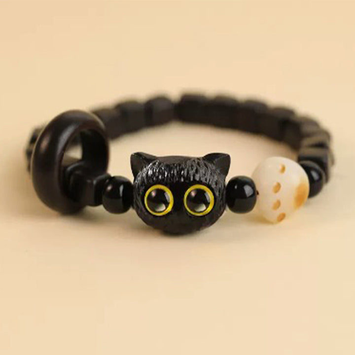 Pulsera de la paz con patrón de cabeza de gato de madera de ébano con Buddha Stones - Semilla de Bodhi de Gato de Ébano (circunferencia de la muñeca: 14-16 cm) - image 9