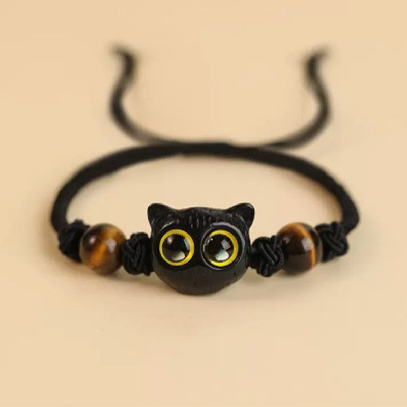 Pulsera de la paz con patrón de cabeza de gato de madera de ébano con Buddha Stones - Pulsera de cuerda de ojo de tigre y gato de ébano (circunferencia de muñeca: 14-18 cm) - image 11