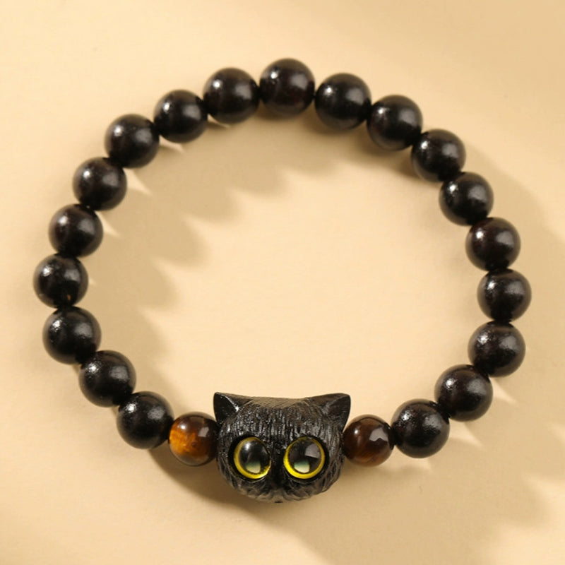 Pulsera de la paz con patrón de cabeza de gato de madera de ébano con Buddha Stones - Ojo de tigre de ébano (circunferencia de la muñeca: 14-16 cm) - image 1