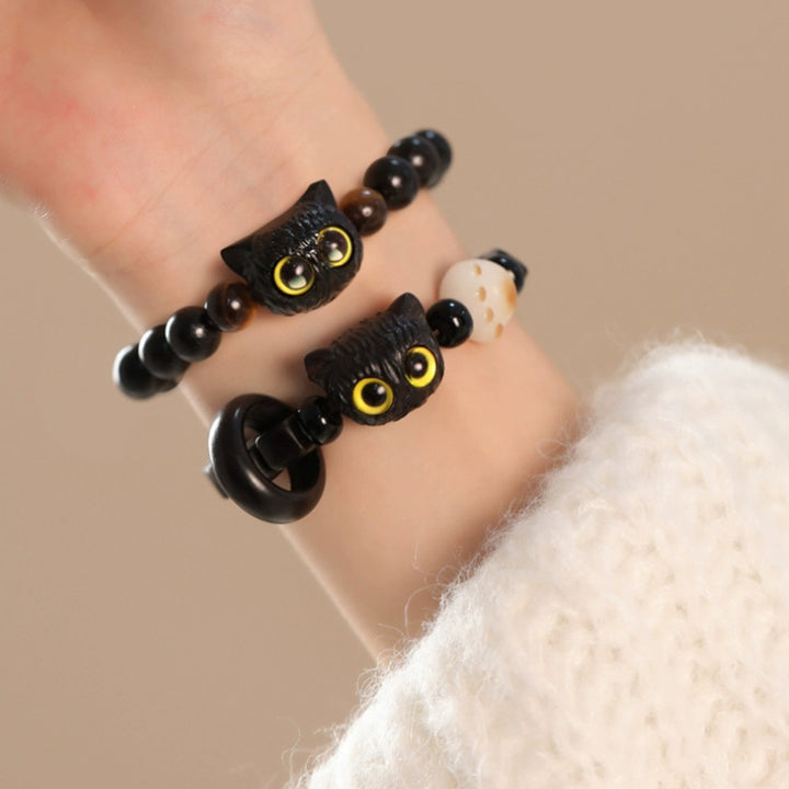 Pulsera de la paz con patrón de cabeza de gato de madera de ébano con Buddha Stones - image 10