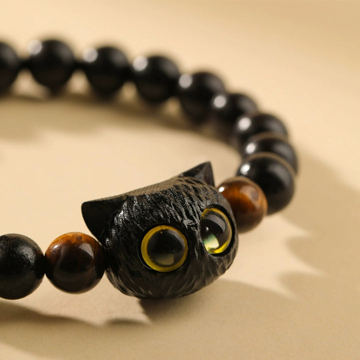 Pulsera de la paz con patrón de cabeza de gato de madera de ébano con Buddha Stones - image 3