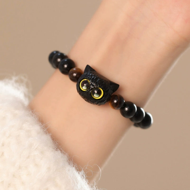 Pulsera de la paz con patrón de cabeza de gato de madera de ébano con Buddha Stones - image 5
