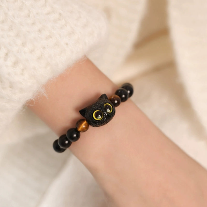 Pulsera de la paz con patrón de cabeza de gato de madera de ébano con Buddha Stones - image 6