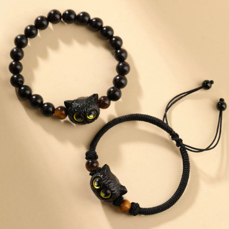 Pulsera de la paz con patrón de cabeza de gato de madera de ébano con Buddha Stones - image 12