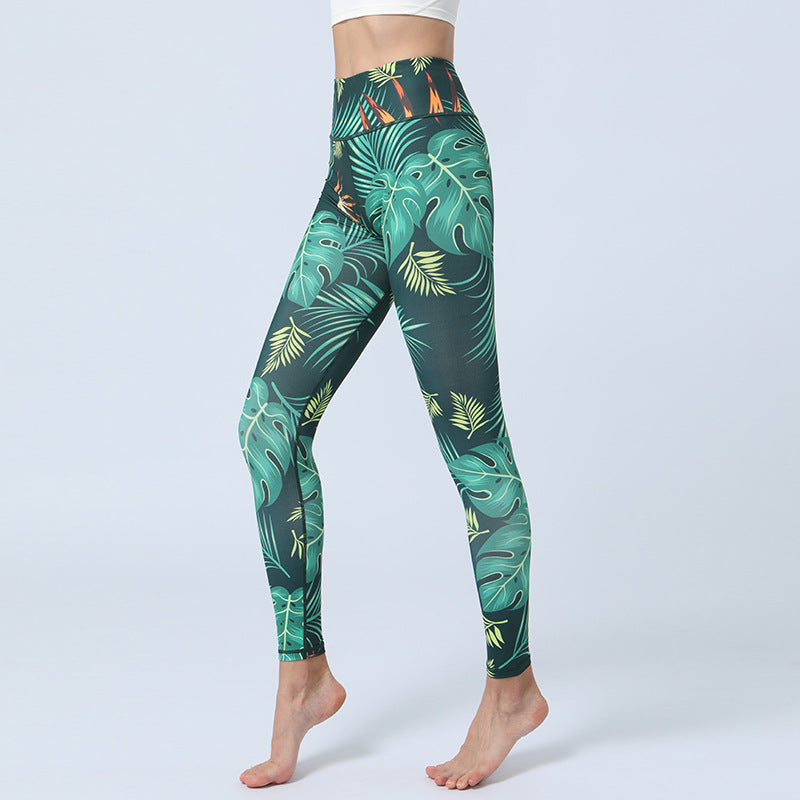 Pantalones con estampado de Buddha Stones, mallas deportivas de cintura alta para Yoga, pantalones de Yoga para mujer - hojas verdes - US8-10, UK/AU12-14, EU40-42 (XL)  - image 0