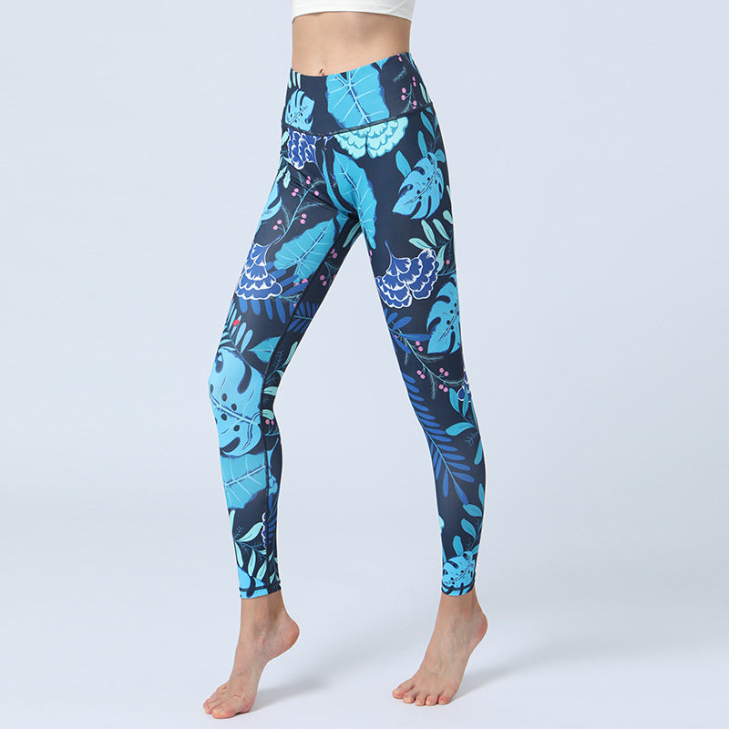 Pantalones con estampado de Buddha Stones, mallas deportivas de cintura alta para Yoga, pantalones de Yoga para mujer - Hojas azules - US8-10, UK/AU12-14, EU40-42 (XL)  - image 4