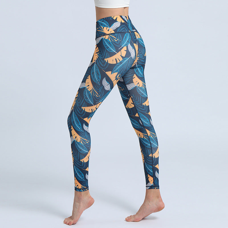 Pantalones con estampado de Buddha Stones, mallas deportivas de cintura alta para Yoga, pantalones de Yoga para mujer - Hojas amarillas de color azul acero - US8-10, UK/AU12-14, EU40-42 (XL)  - image 11