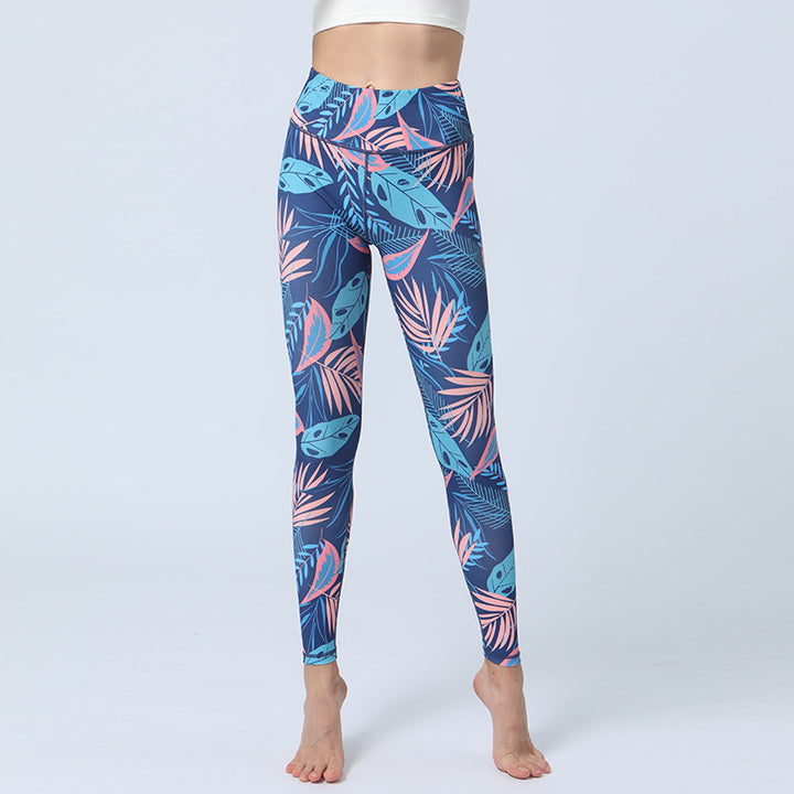 Pantalones con estampado de Buddha Stones, mallas deportivas de cintura alta para Yoga, pantalones de Yoga para mujer - Hojas azules y rosadas - US8-10, UK/AU12-14, EU40-42 (XL)  - image 15