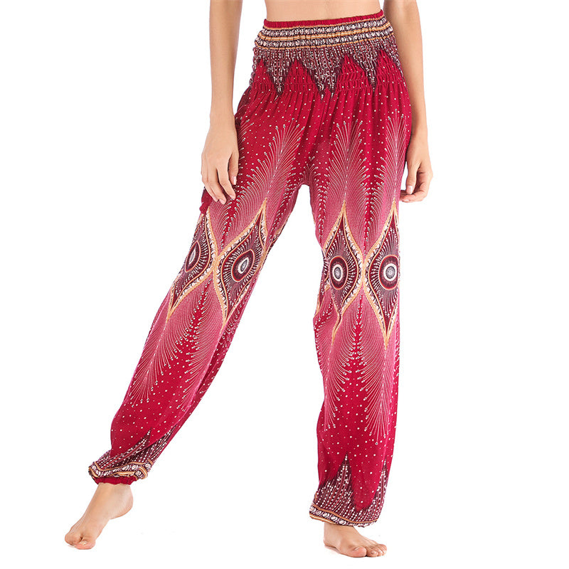 Pantalones de yoga para mujer con diseño de plumas de pavo real y ojos pequeños con Buddha Stones - Rojo - US2-8/10，UK/AU6-12/14，EU34-40/42 (F) - image 1