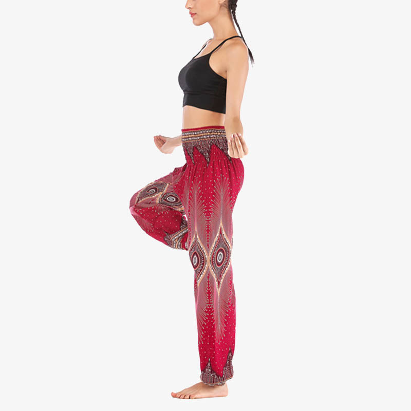 Pantalones de yoga para mujer con diseño de plumas de pavo real y ojos pequeños con Buddha Stones - image 3