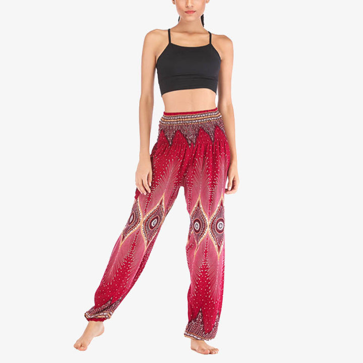 Pantalones de yoga para mujer con diseño de plumas de pavo real y ojos pequeños con Buddha Stones - image 8