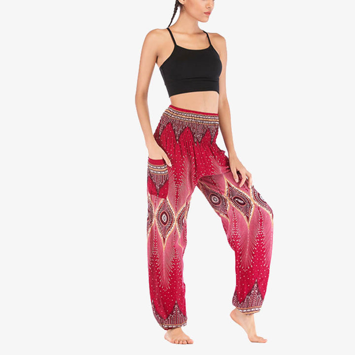 Pantalones de yoga para mujer con diseño de plumas de pavo real y ojos pequeños con Buddha Stones - image 9