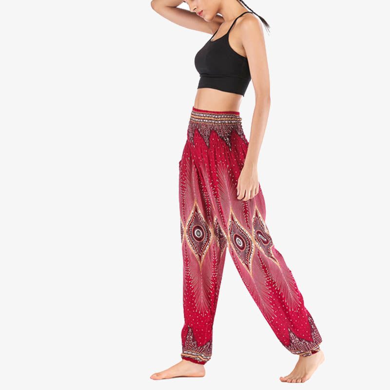 Pantalones de yoga para mujer con diseño de plumas de pavo real y ojos pequeños con Buddha Stones - image 9