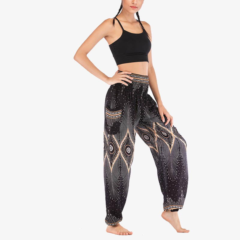 Pantalones de yoga para mujer con diseño de plumas de pavo real y ojos pequeños con Buddha Stones - image 13