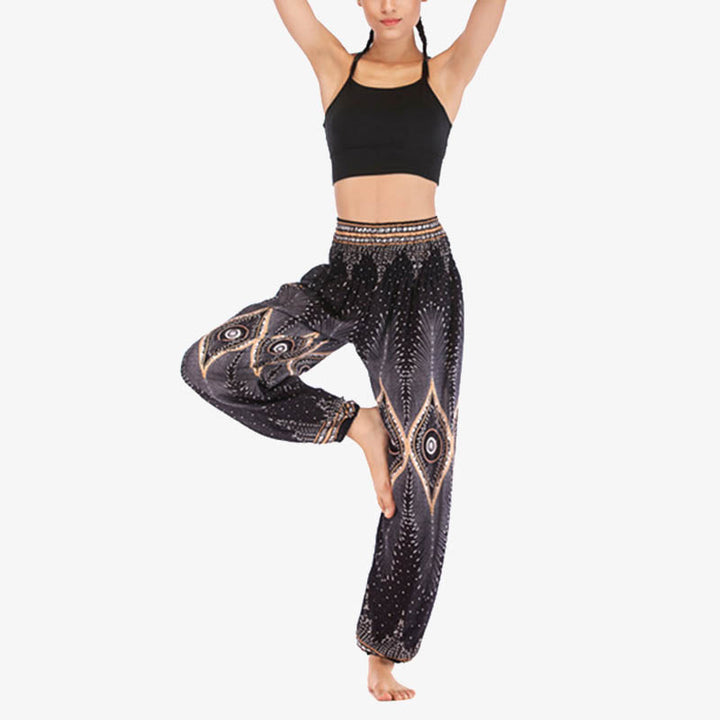 Pantalones de yoga para mujer con diseño de plumas de pavo real y ojos pequeños con Buddha Stones - image 13