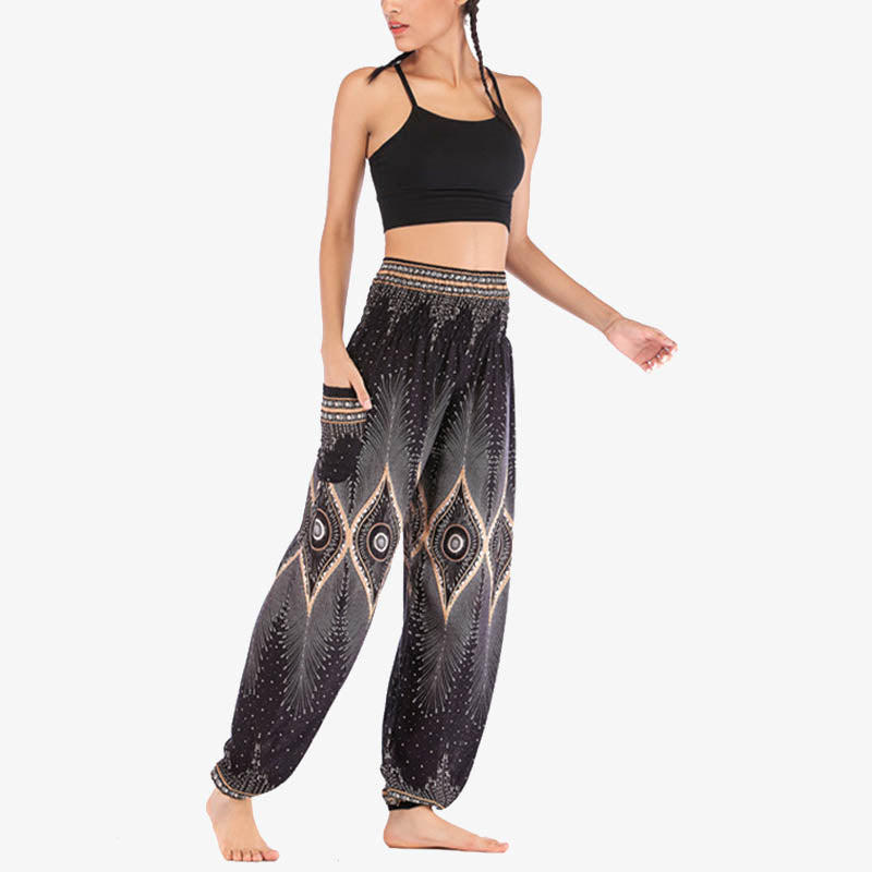 Pantalones de yoga para mujer con diseño de plumas de pavo real y ojos pequeños con Buddha Stones - image 19