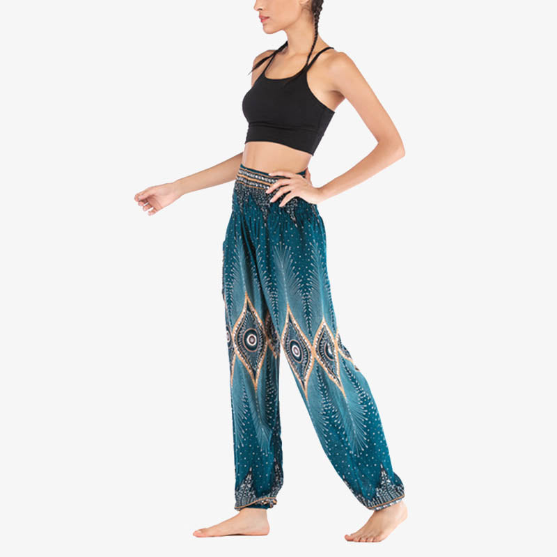 Pantalones de yoga para mujer con diseño de plumas de pavo real y ojos pequeños con Buddha Stones - image 27