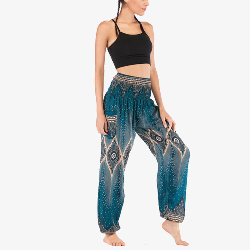 Pantalones de yoga para mujer con diseño de plumas de pavo real y ojos pequeños con Buddha Stones - image 24