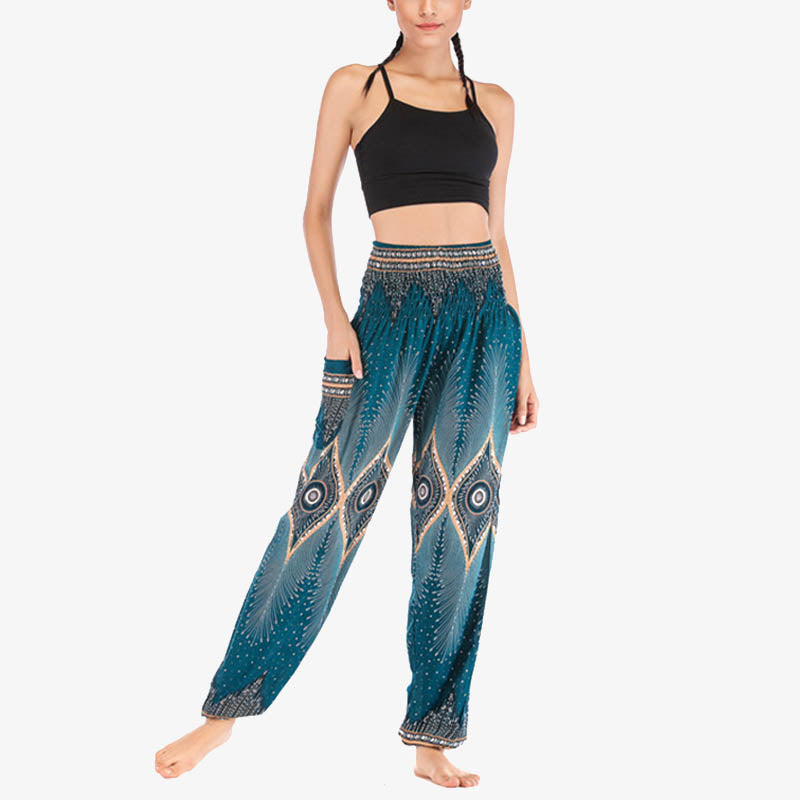 Pantalones de yoga para mujer con diseño de plumas de pavo real y ojos pequeños con Buddha Stones - image 27